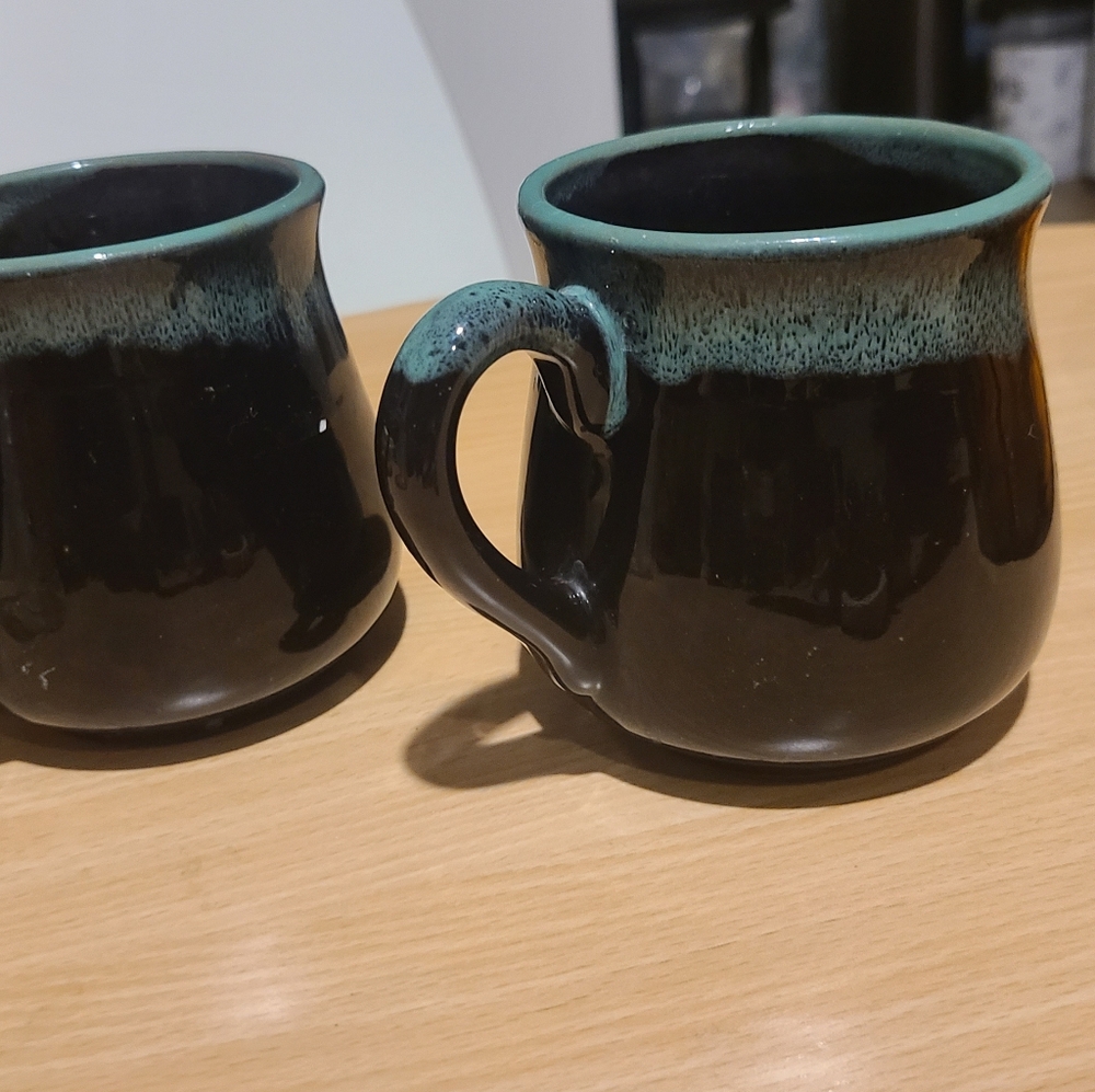 18" Handmade Mix Glaze Potbelly Ceramic Coffee Mug Cup Set of 2 Black Blue